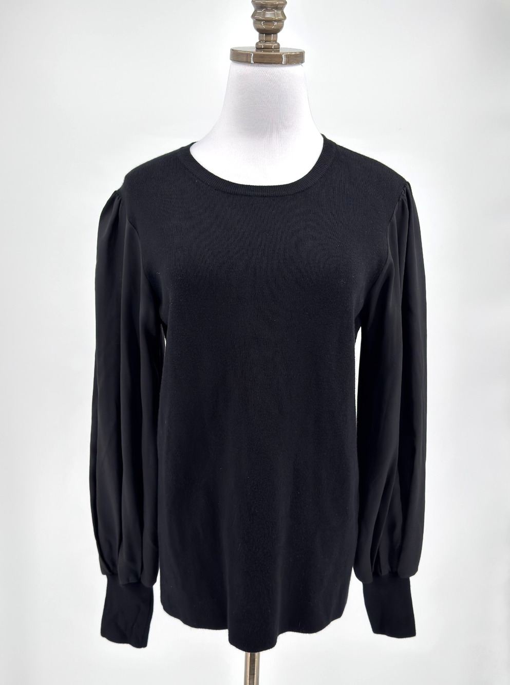 Mare Mare Anthropologie Black Knit Chiffon Puff Sleeve Pullover Sweater Sz L